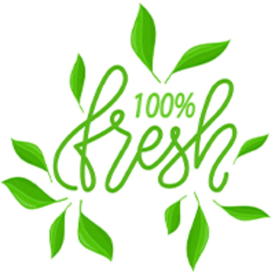 Green cursive text "100% fresh" surrounded by green leaves on a white background.