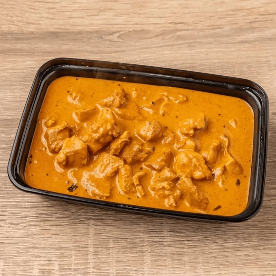 Indian butter chicken in a black takeout container on a wooden table.