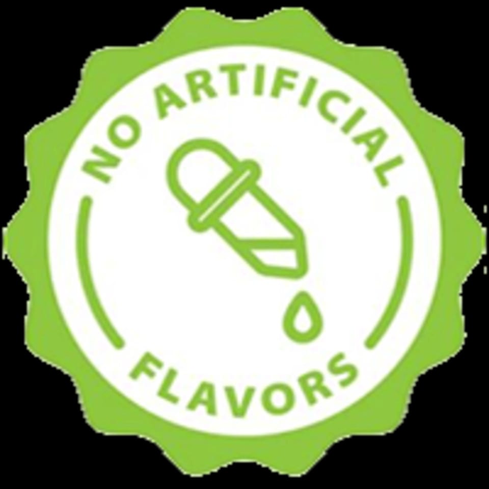 Green and white circular badge with a dropper icon and text: "No Artificial Flavors".