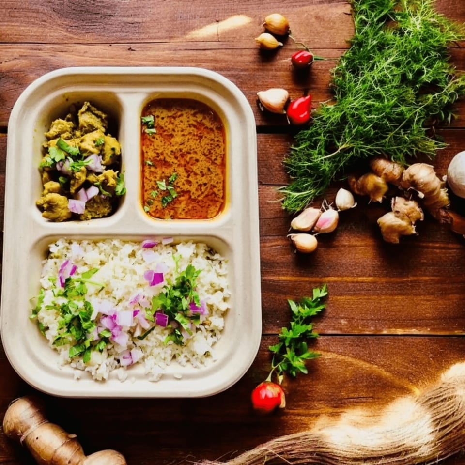 Indian meal in a divided container with chicken, curry, rice, and fresh herbs on a wooden table.