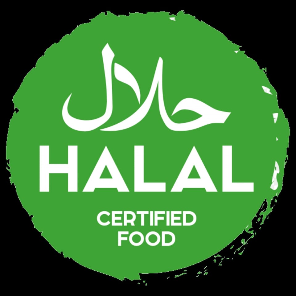 Green circular logo with white Arabic script and text "HALAL CERTIFIED FOOD".