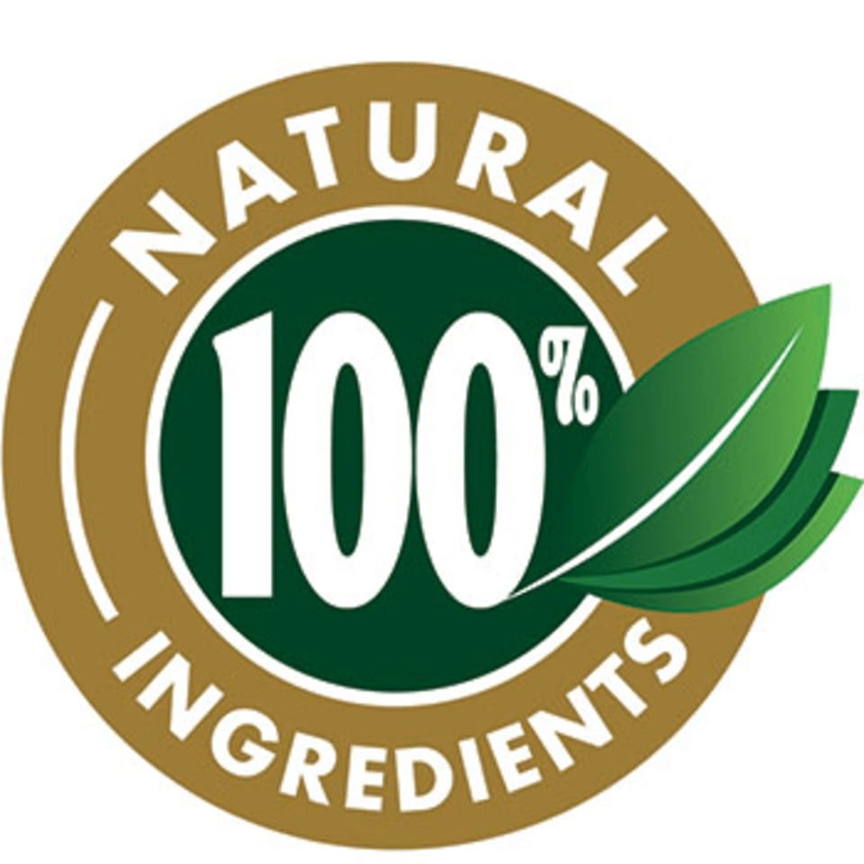 A circular logo with "100% Natural Ingredients" and green leaves on a brown and green background.