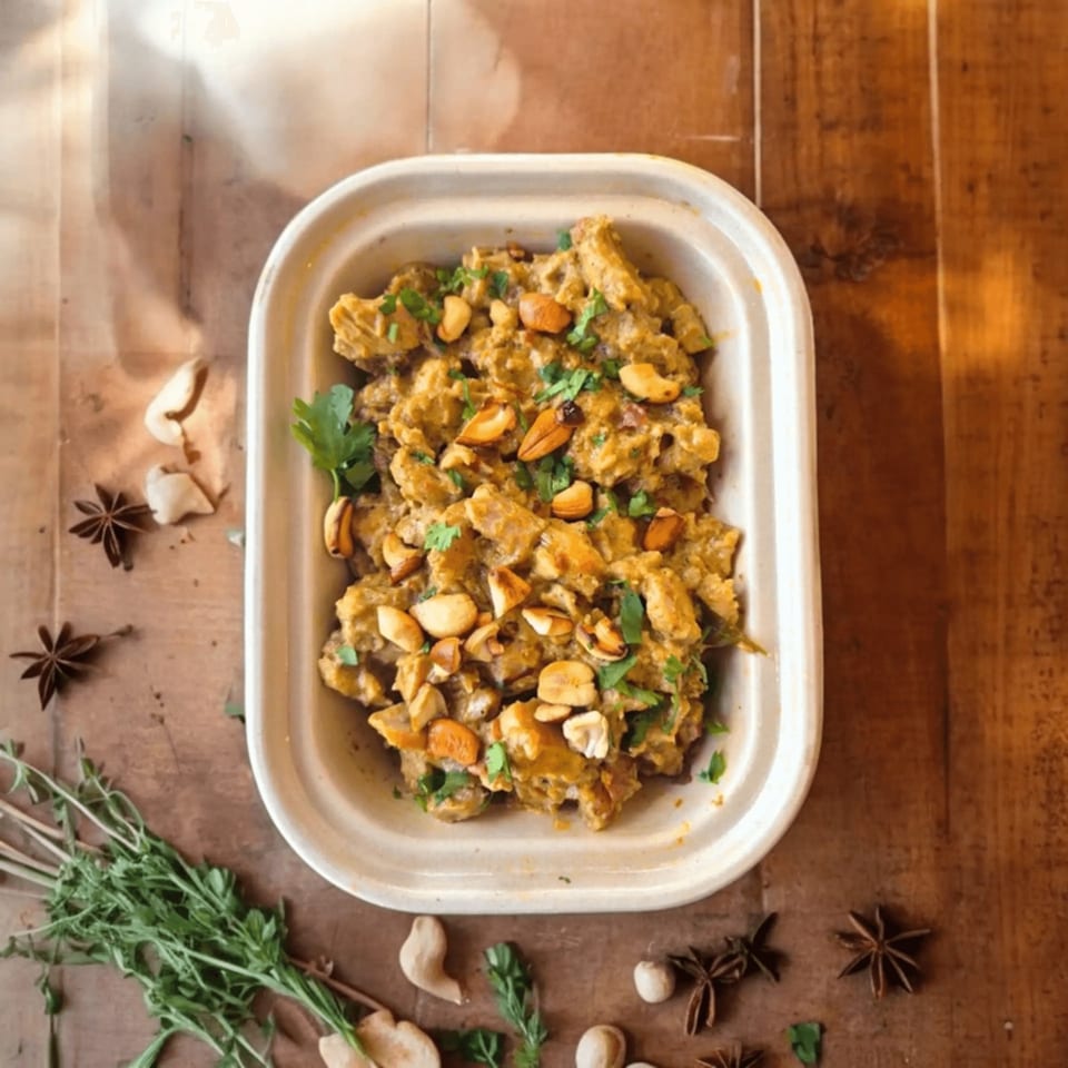 Indian chicken curry with cashews and cilantro in a takeout container, surrounded by spices.