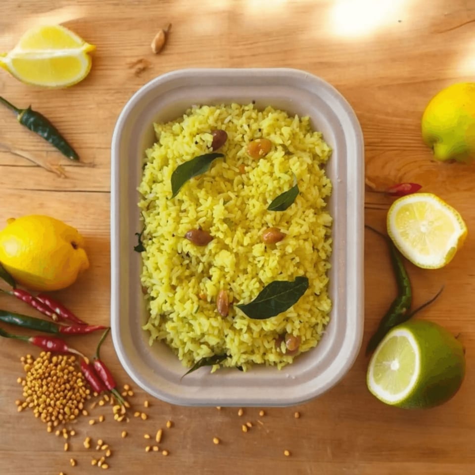 Lemon rice with peanuts and curry leaves in a container, surrounded by lemons, limes, and chilies.